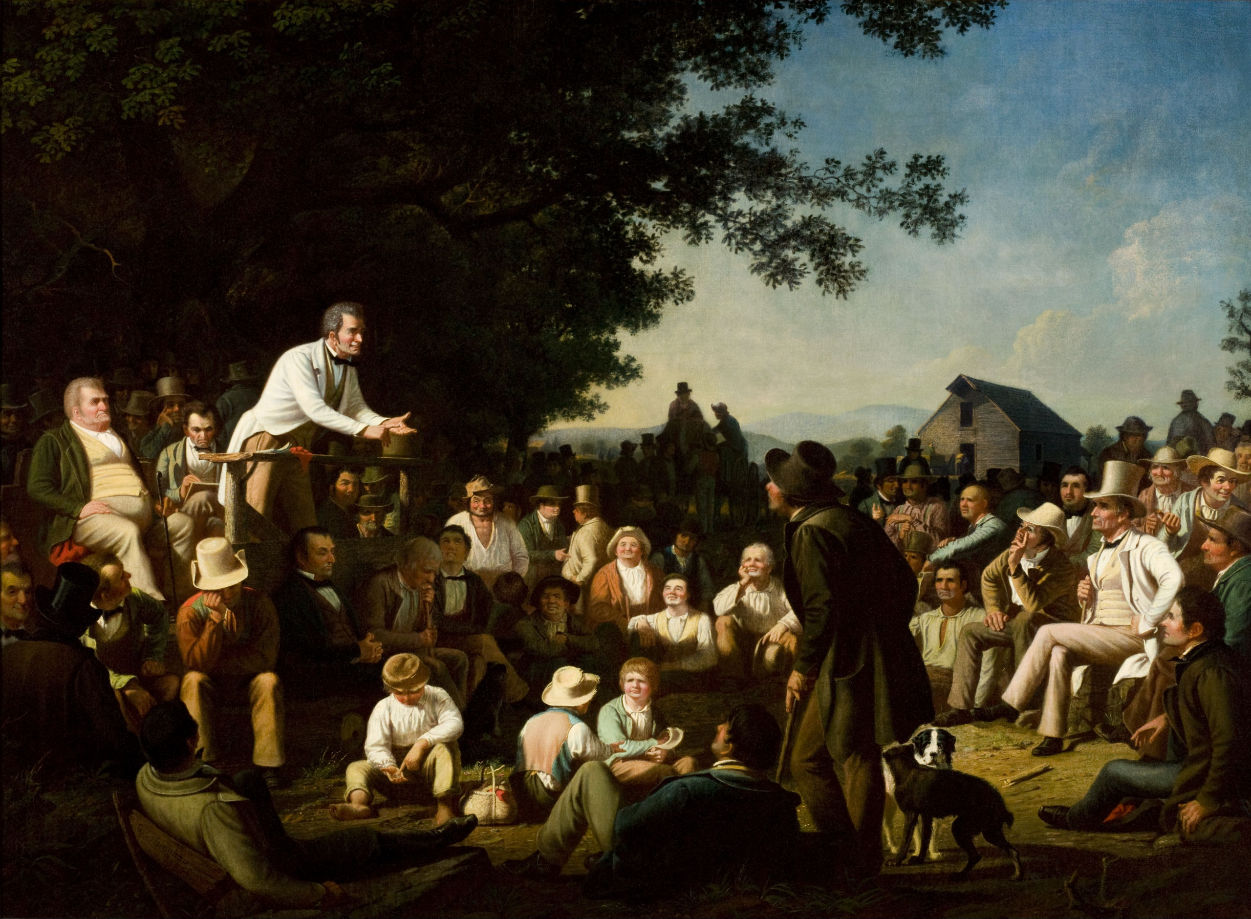 A crowd gathers around a speaker in a rural setting, engaged in discussion. The diverse audience, sitting and standing, reflects 19th-century American life.