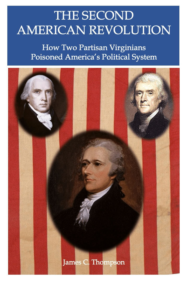 Book cover featuring three historical figures: James Madison, Thomas Jefferson, and Alexander Hamilton, against a backdrop of red and white stripes.