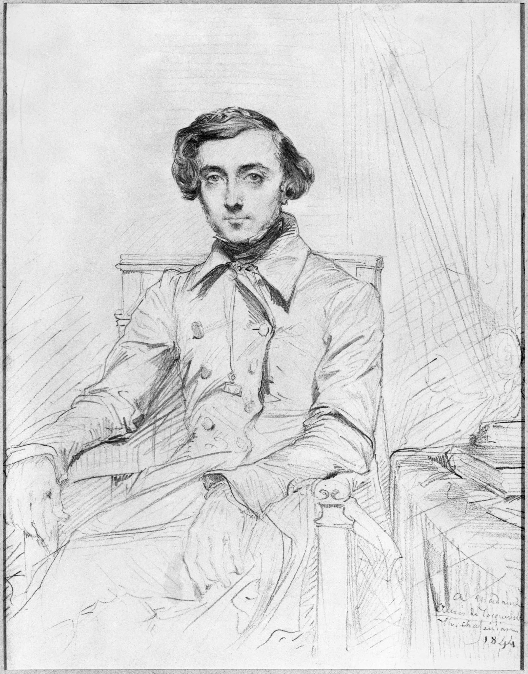 Portrait of a young man seated in an elegant chair, dressed in a tailored coat. The detailed sketch highlights his contemplative expression.